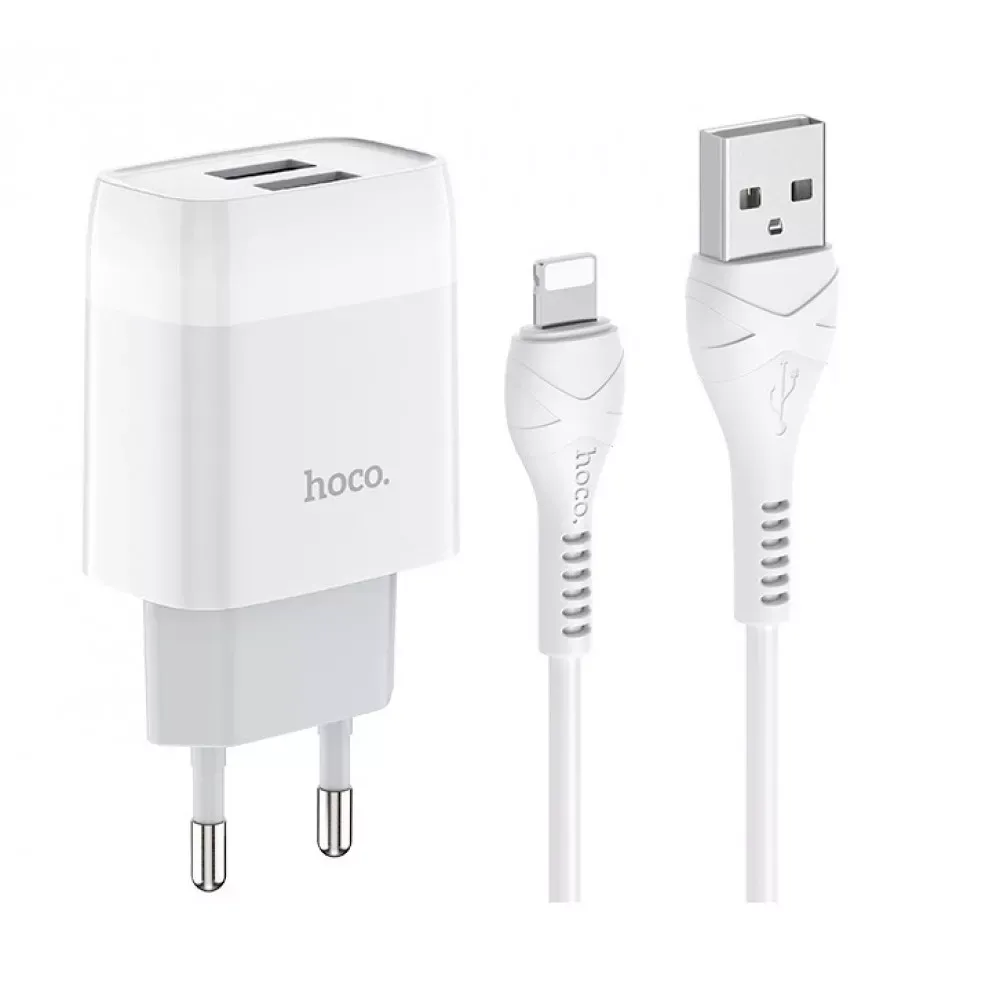Home Charger 2.4A 2U Lightning Cable (1m) Hoco C73A — White — Hoco
