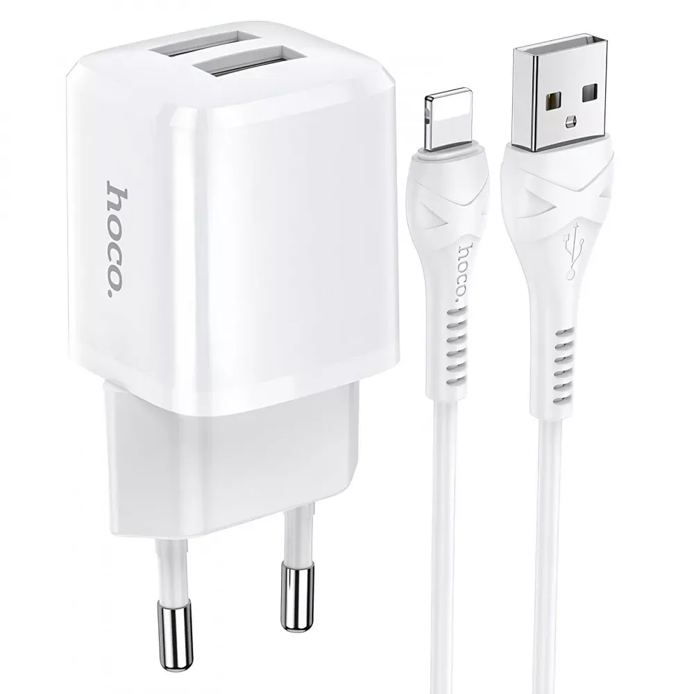 Home Charger 2.4A 2U Lightning Cable (1m) Hoco N8 — White — Hoco