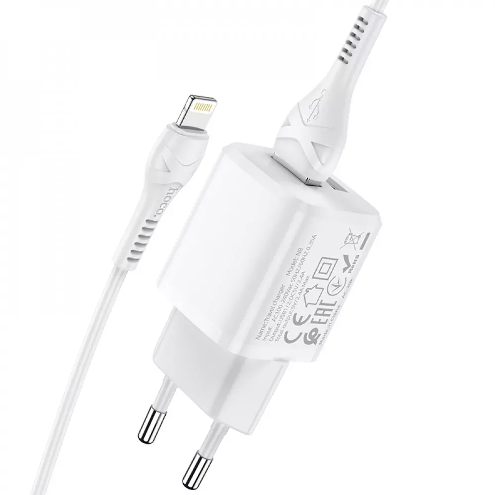 Home Charger 2.4A 2U Lightning Cable (1m) Hoco N8 — White - фото 5