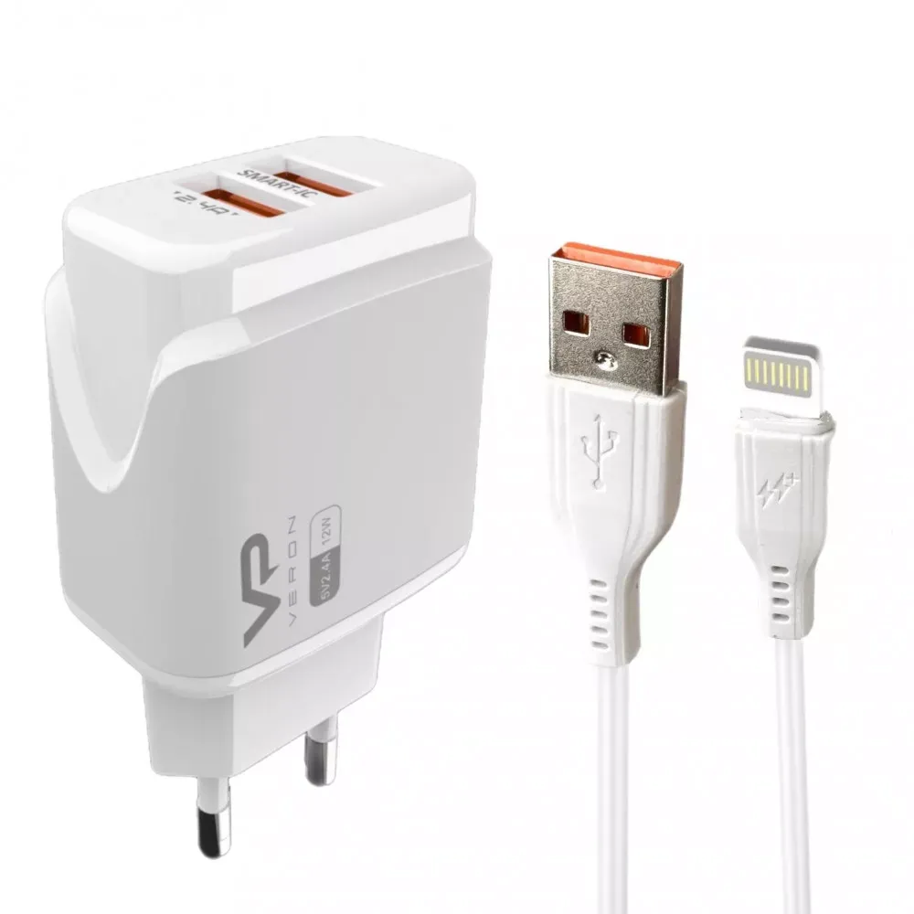 Home Charger 2.4A 2U Lightning Cable (1m) Veron VR-C12L — White — VERON