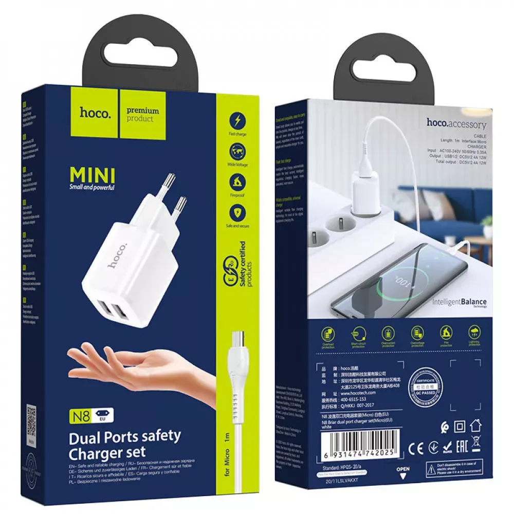 Home Charger 2.4A 2U Micro Cable (1m) Hoco N8 — White - фото 3