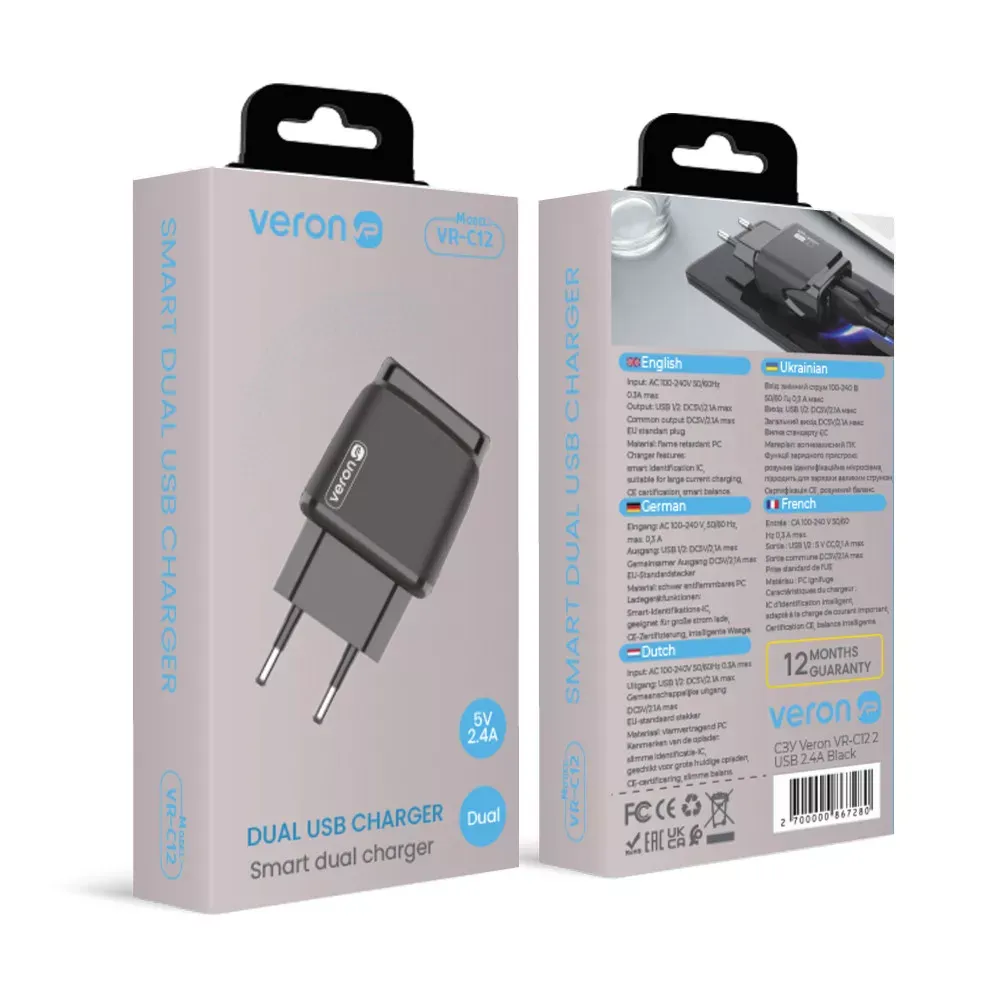 Home Charger 2.4A 2U Veron VR-C12 — Black — фото 3