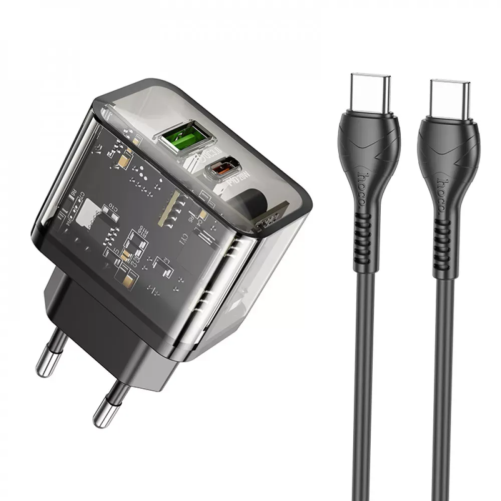 Home Charger 20W 1U 1C PD QC3.0 C to C Cable Hoco N34 Dazzling — Transparent Black — фото 4