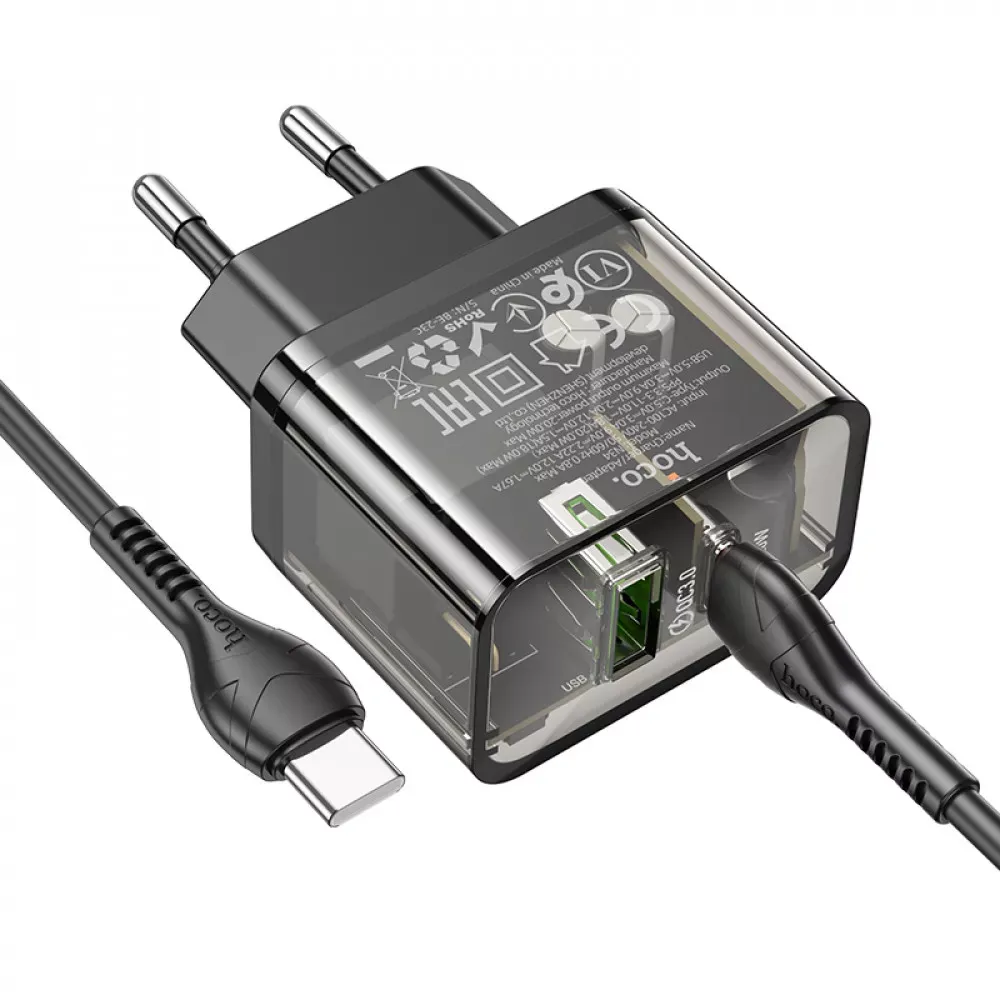 Home Charger 20W 1U 1C PD QC3.0 C to C Cable Hoco N34 Dazzling — Transparent Black — фото 5