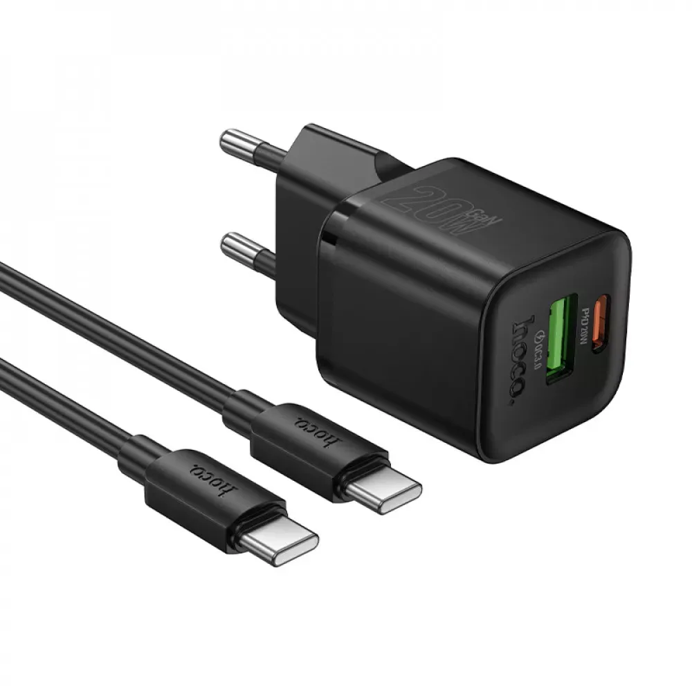 Home Charger 20W PD QC3.0 C to C Cable (1m) Hoco N65 — Black — Hoco