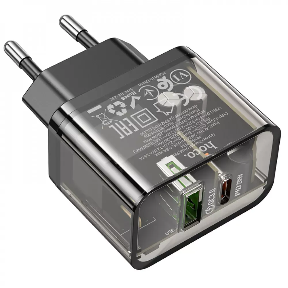Home Charger 20W PD QC3.0 Hoco N34 Dazzling __ — Transparent Black — фото 4