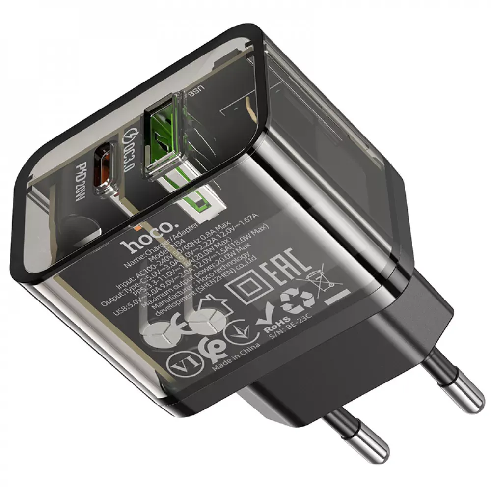 Home Charger 20W PD QC3.0 Hoco N34 Dazzling __ — Transparent Black — фото 5