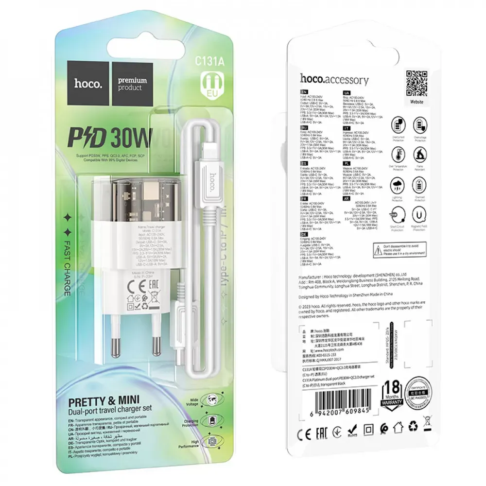 Home Charger 30W PD QC3.0 C to Lightning Cable Hoco C131A — Transparent Black — фото 3