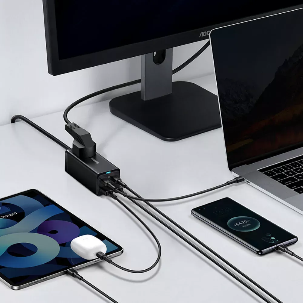 Home Charger 65W GaN3 AC 2U 2C C to C Cable (1m) Baseus (PSZM000001) Pro Desktop Powerstrip — PSZM000001 Black - фото 4