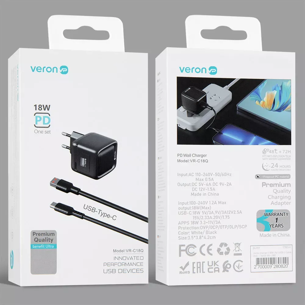 Home Charger | 18W | 1U | USB C Cable — Veron VR-C18Q — фото 3