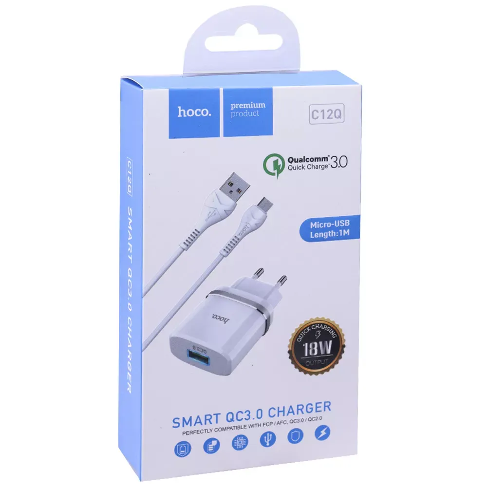 Home Charger | 18W | QC3.0 | Micro Cable (1m) — Hoco C12Q — White - фото 6
