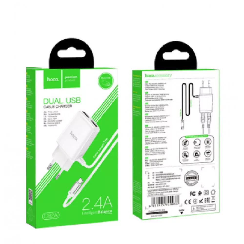 Home Charger | 2.4A | 2U | Lightning Cord — Hoco C82A — White — фото 3