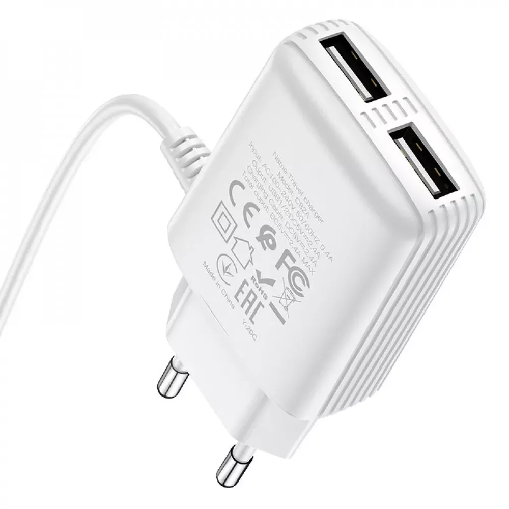 Home Charger | 2.4A | 2U | Lightning Cord — Hoco C82A — White — фото 5