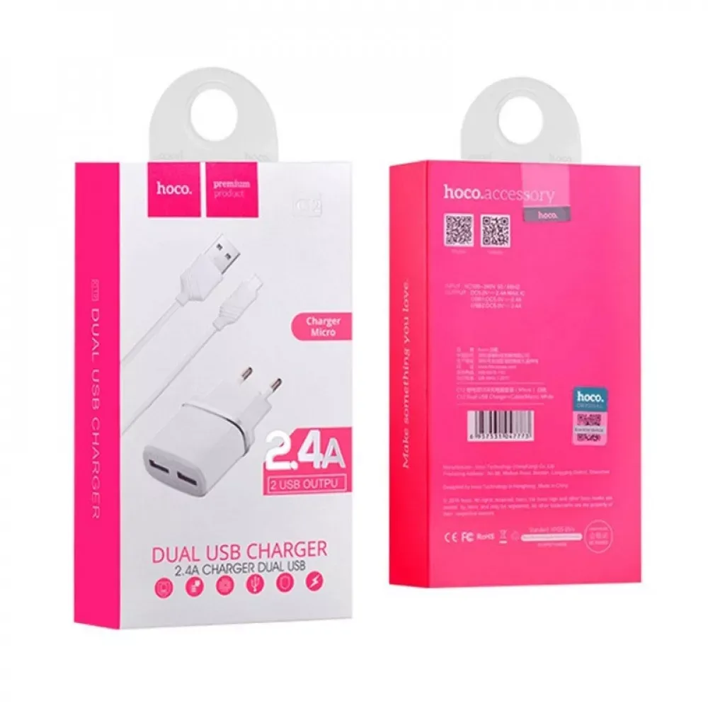 Home Charger | 2.4A | 2U — Hoco C12 Black - фото 3