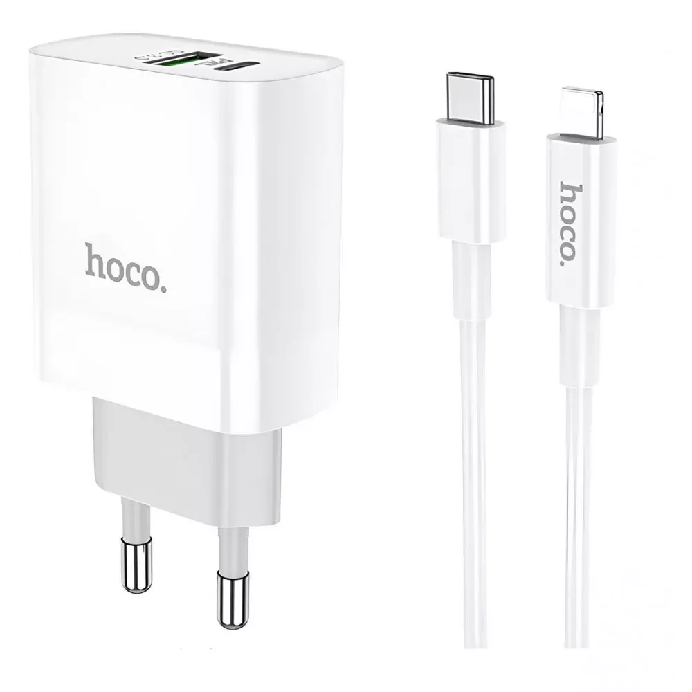 Home Charger | 20W | PD | QC3.0 | C to Lightning Cable (1m) — Hoco C80A — White — Hoco