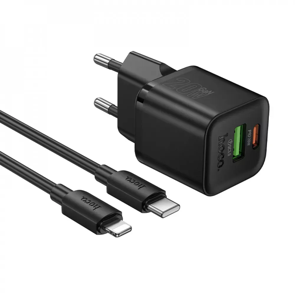 Home Charger | 20W | PD | QC3.0 | C to Lightning Cable (1m) — Hoco N65 — Black