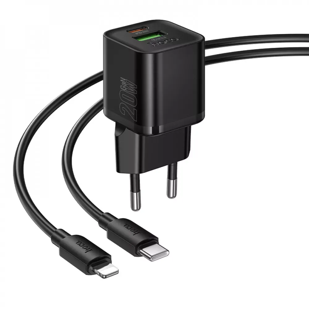 Home Charger | 20W | PD | QC3.0 | C to Lightning Cable — Hoco N65 — Black — фото 4