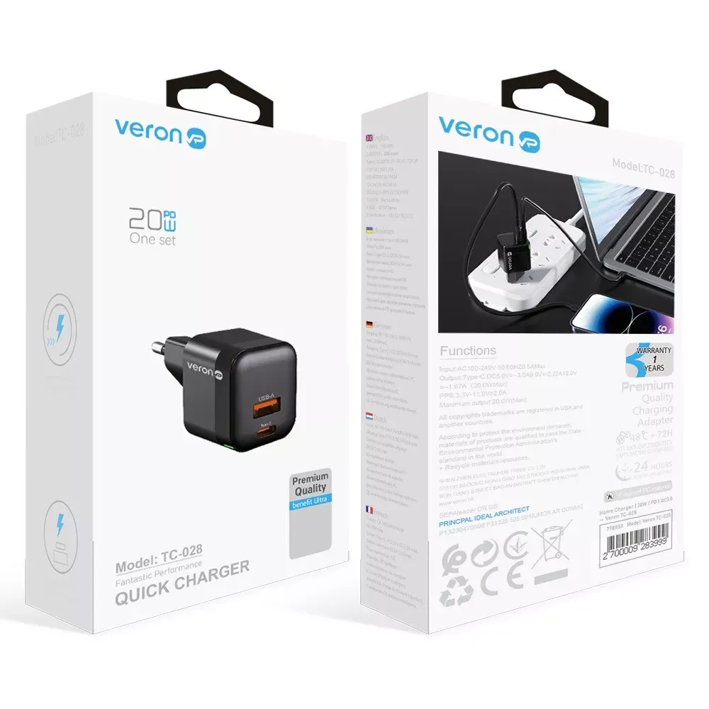 Home Charger | 20W | PD | QC3.0 — Veron TC-028 — фото 3
