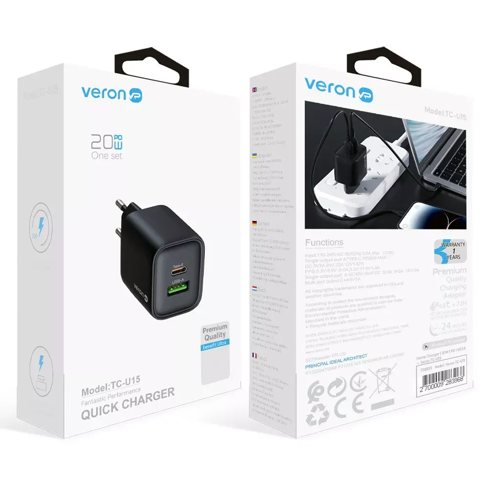 Home Charger | 20W | PD | QC3.0 — Veron TC-U15 — фото 3