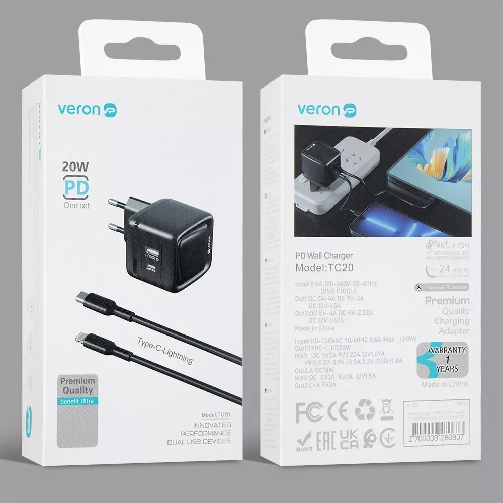 Home Charger | 20W | QC3.0 | Type C To Lightning Cable — Veron TC20 — фото 3