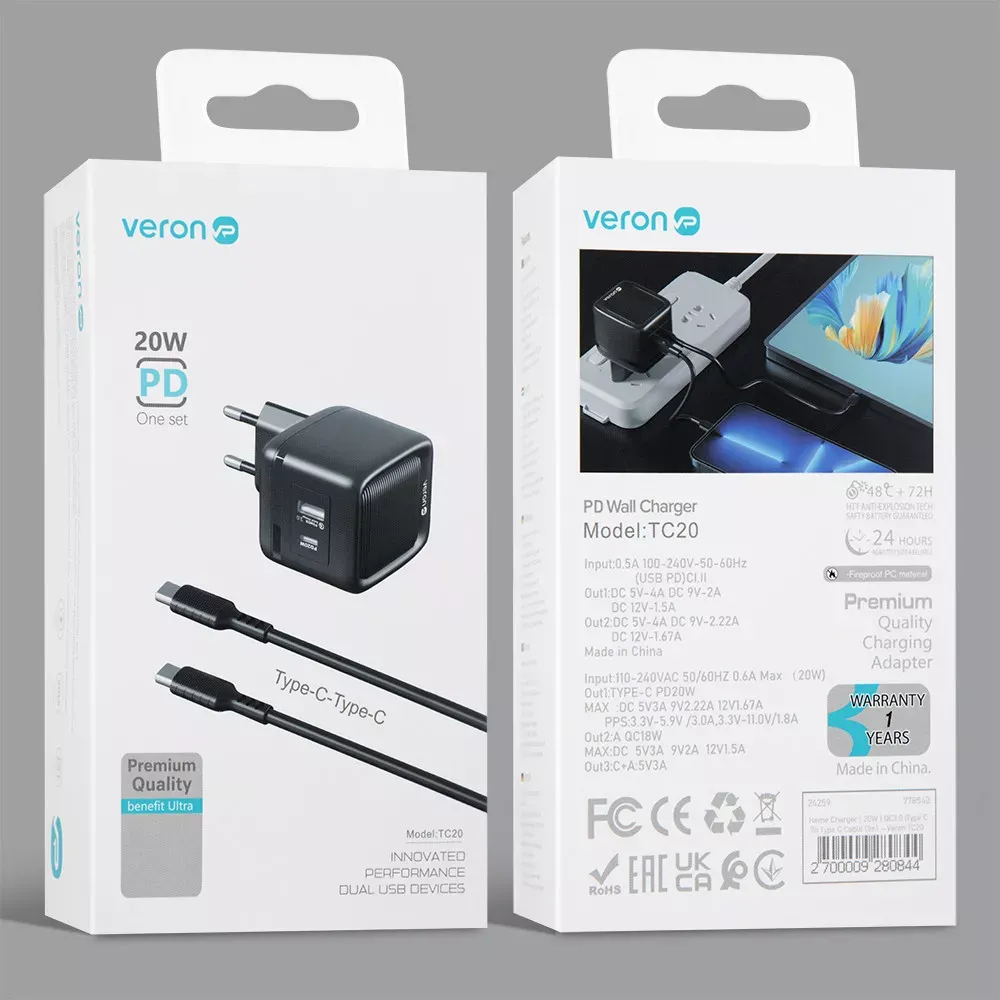 Home Charger | 20W | QC3.0 | Type C To Type C Cable — Veron TC20 — фото 3