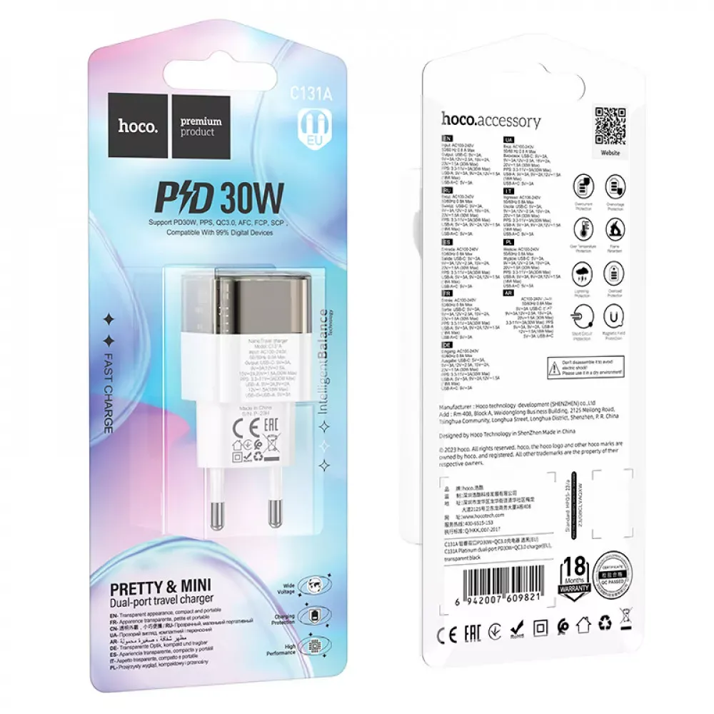 Home Charger | 30W | PD | QC3.0 — Hoco C131A — Transparent Black — фото 3
