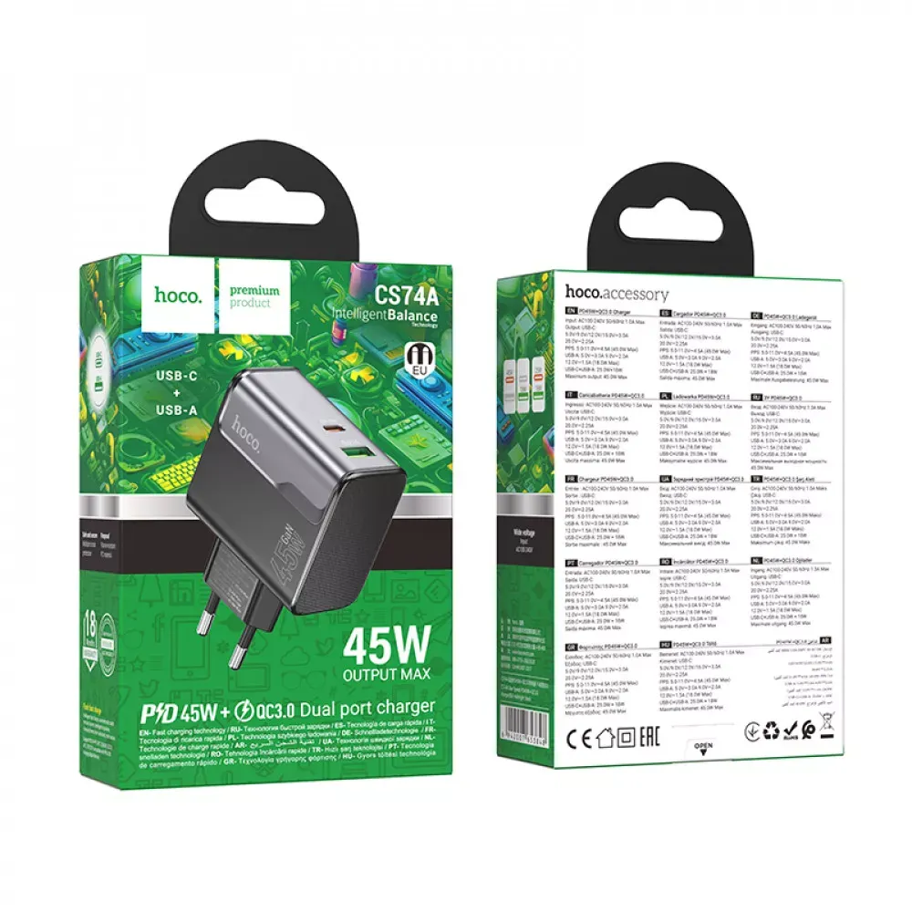 Home Charger | 45W | PD | QC3.0 — Hoco CS74A — Black - фото 3