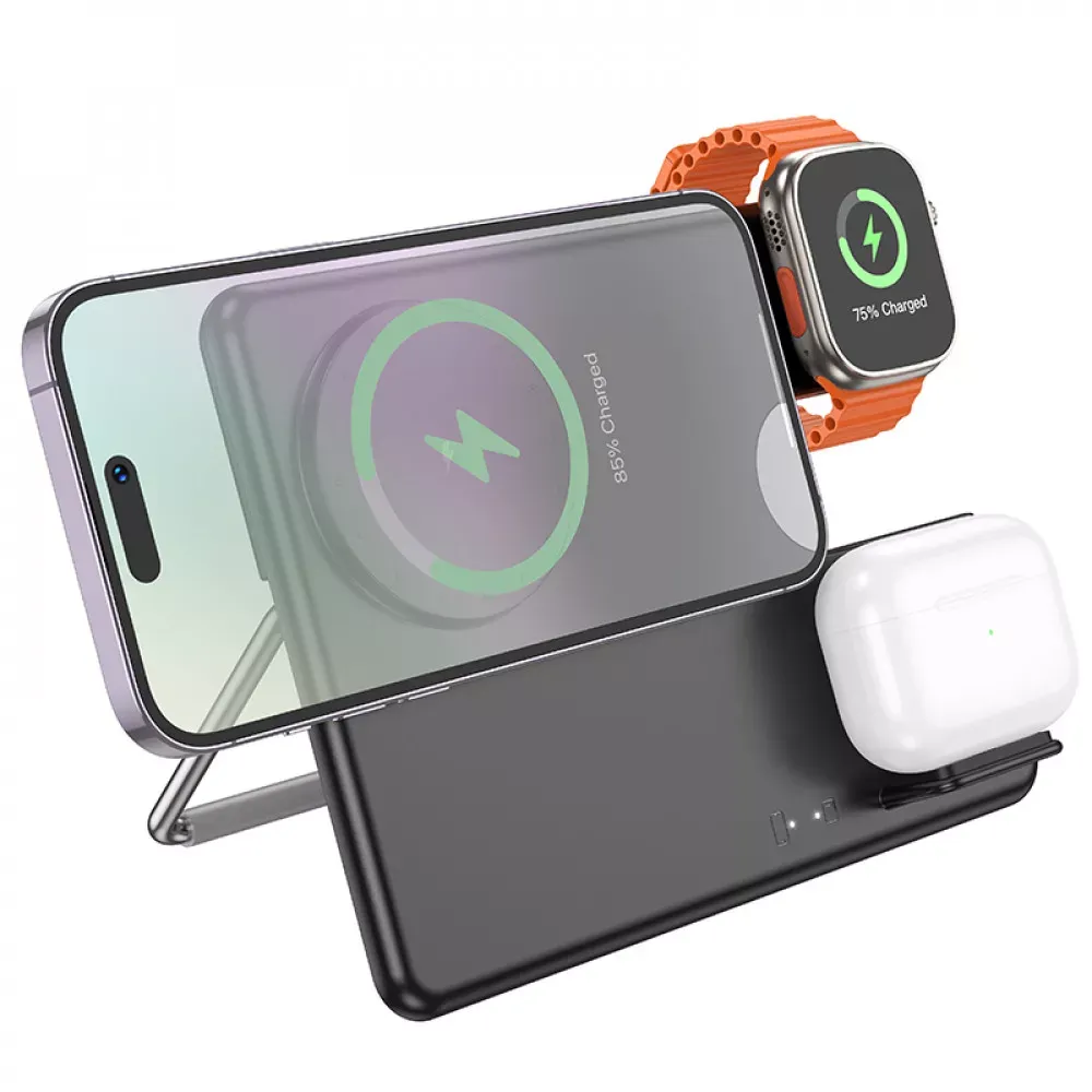 Magnetic Wireless Charger 3 in 1 Hoco CQ1 Geek folding for iWatch — black — фото 5