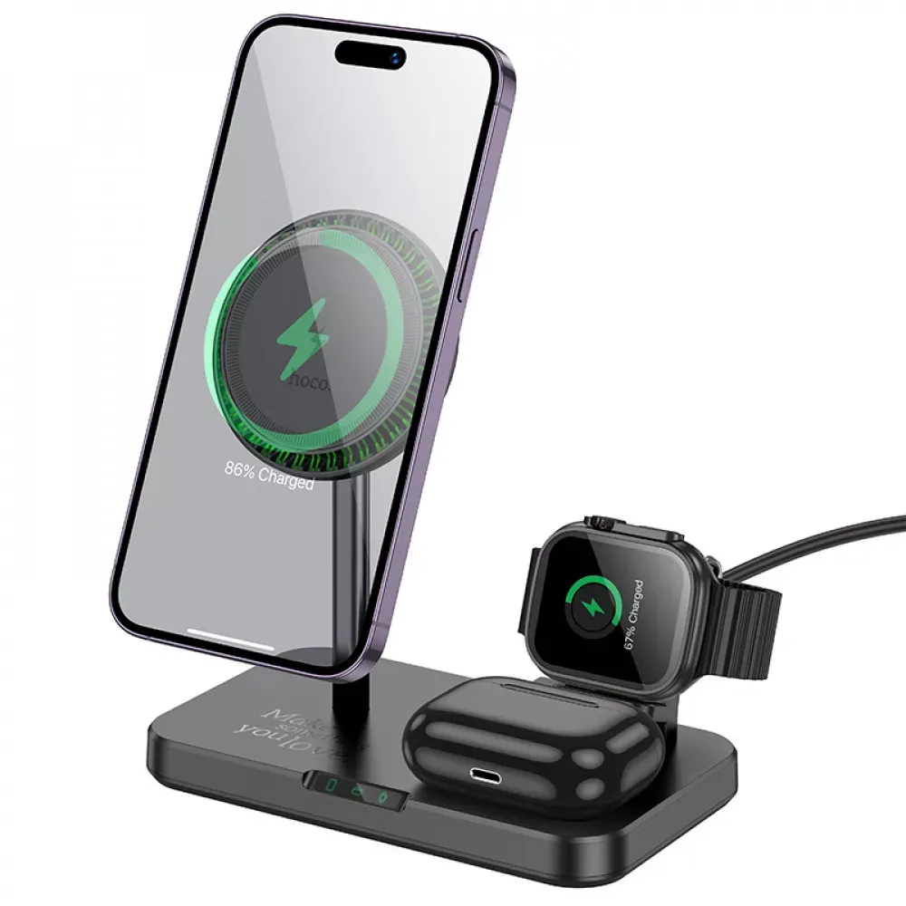 Magnetic Wireless Charger 3 in 1 — Hoco CQ12  — Black — Hoco