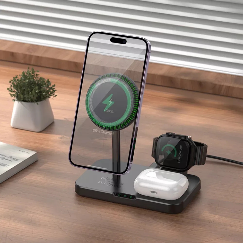 Magnetic Wireless Charger 3 in 1 — Hoco CQ12  — Black - фото 6