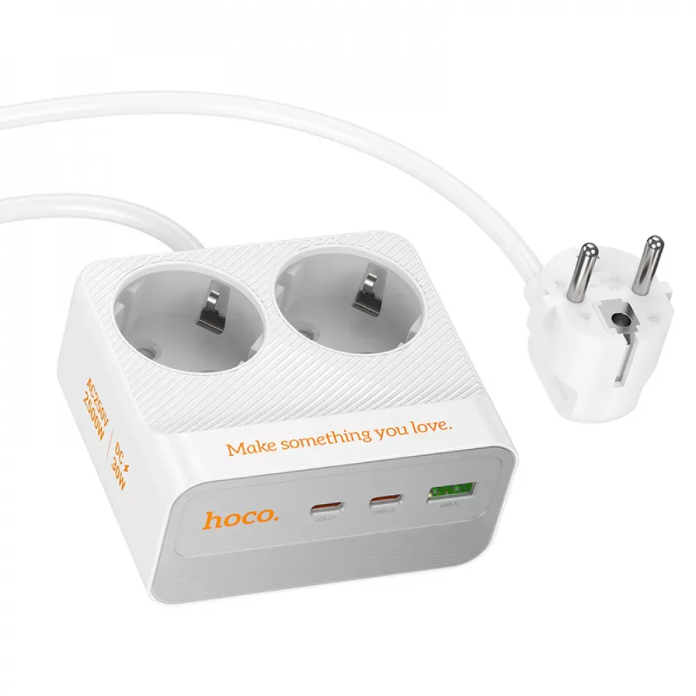 Power Extension 1U | 2P | 2C — Hoco AC27 L=2M  — White — Hoco