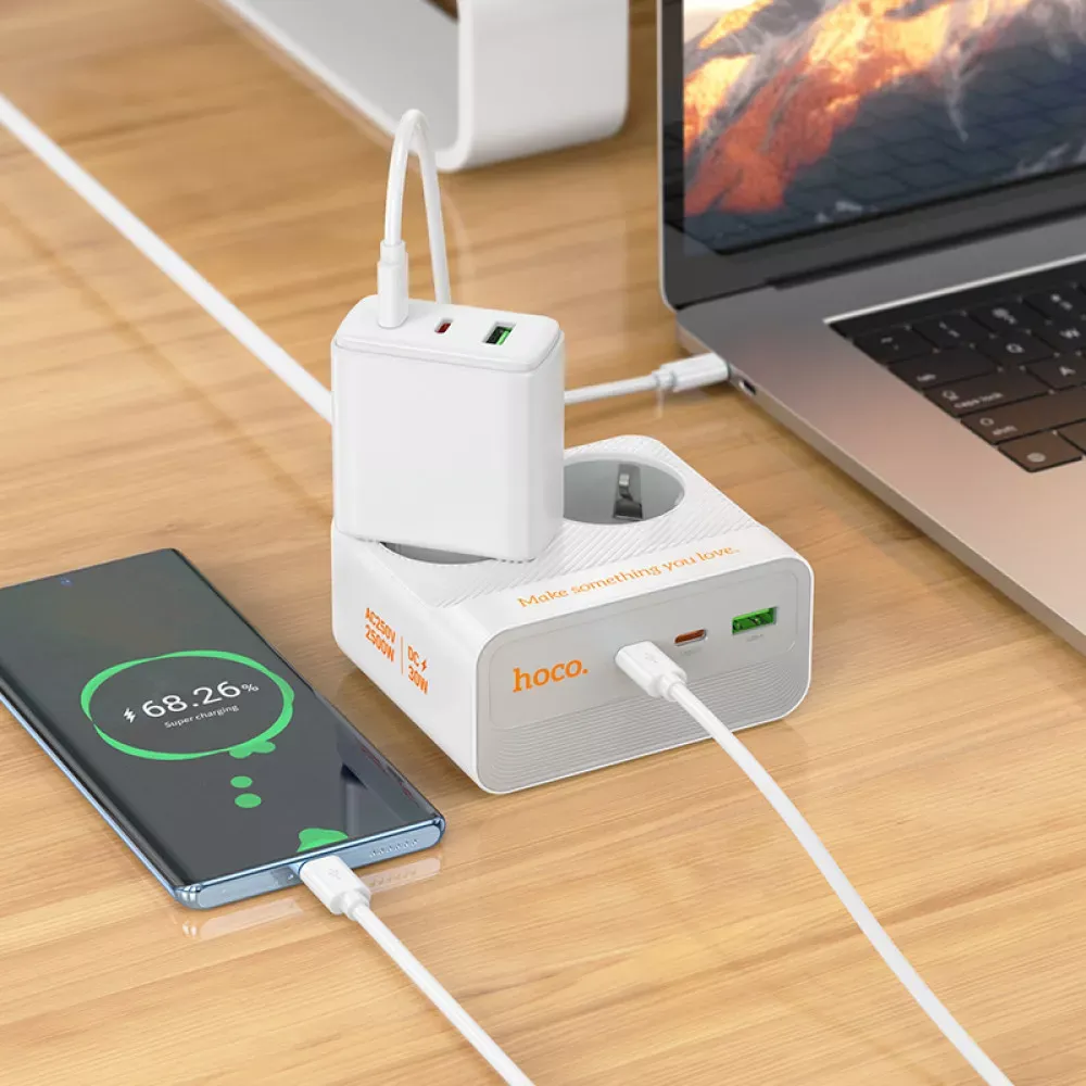 Power Extension 1U | 2P | 2C — Hoco AC27 L=2M  — White - фото 4