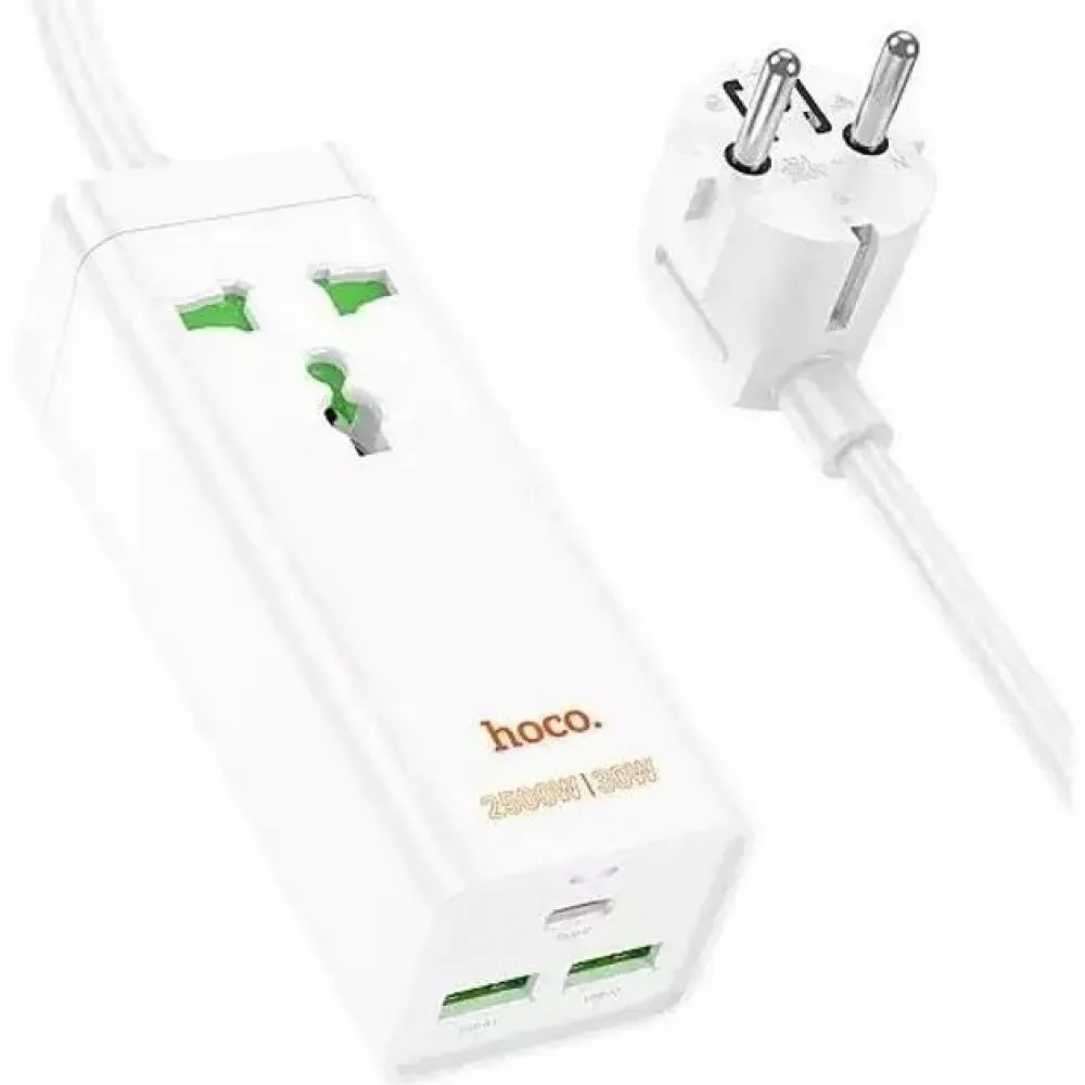 Мережевий фільтр 2500W 2U | 1P | 1C 30W | 1.5m — Hoco AC9A — White — Hoco