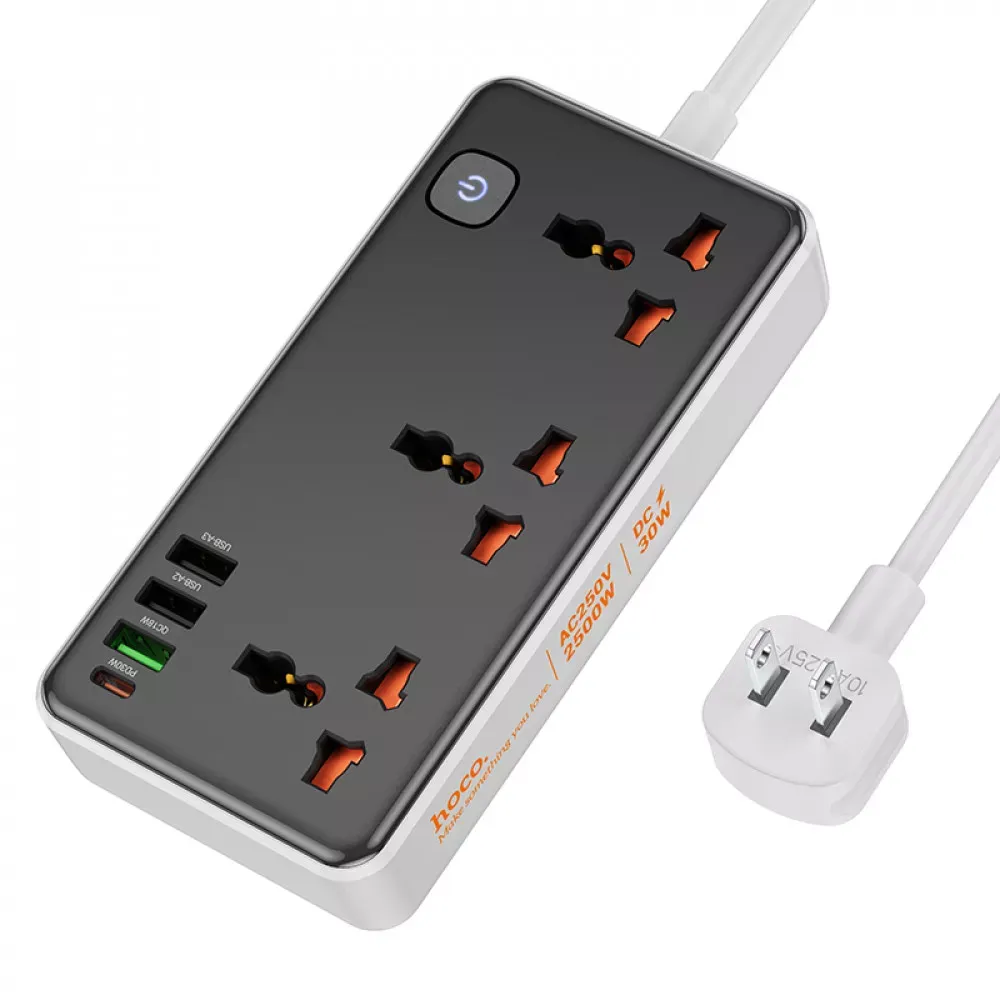 Мережевий фільтр 2500W 3U | 3P | 1C 30W | 1.5m — Hoco AC8A — Black — Hoco