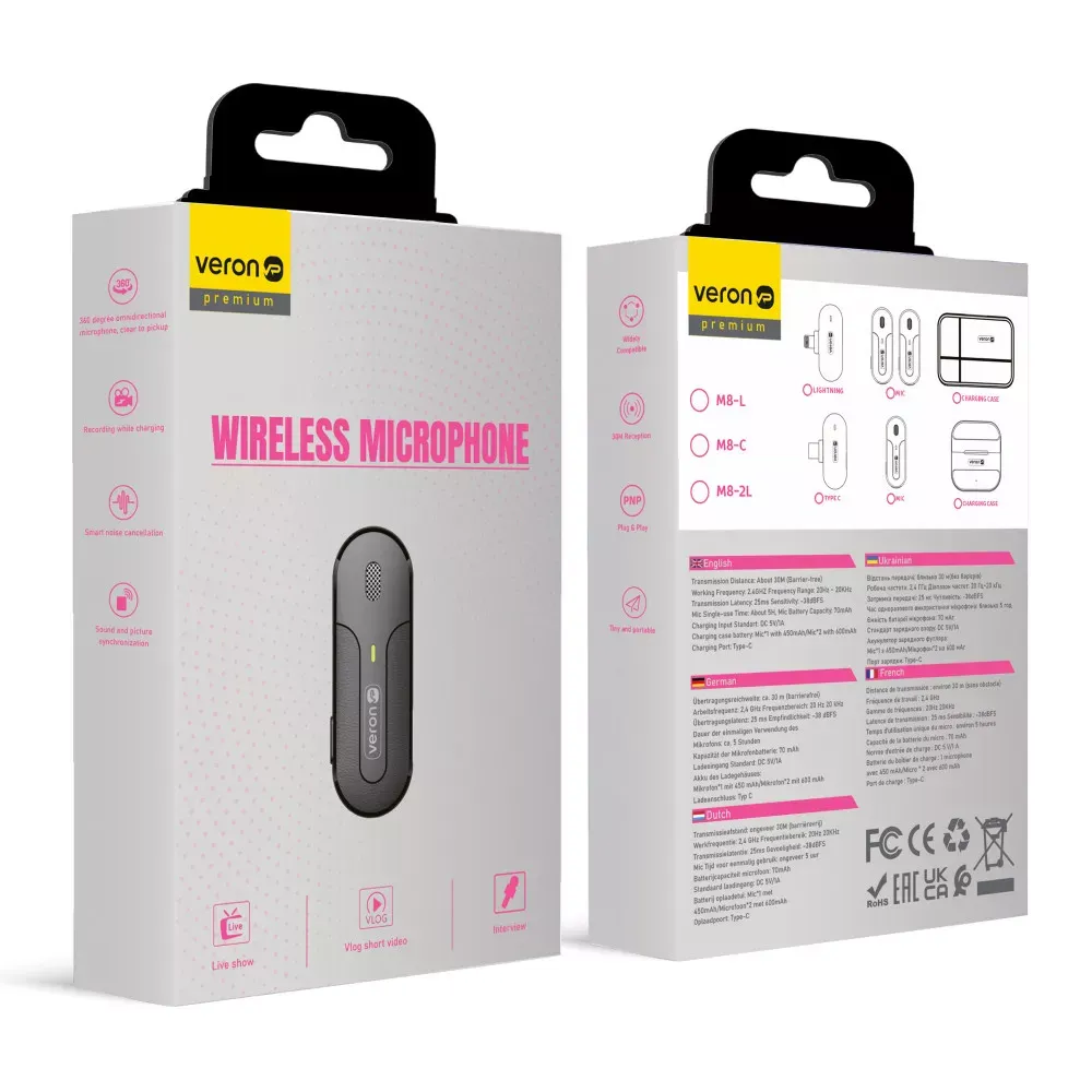 Беспроводной микрофон для телефона Lightning Veron M8-2L c кейсом зарядки - фото 3