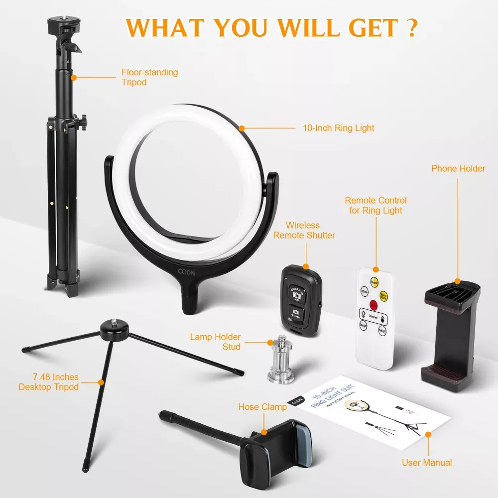 Лампа кольцевая комплект LED CODN-539B 10 inch+1.45cm tripod stand — фото 3