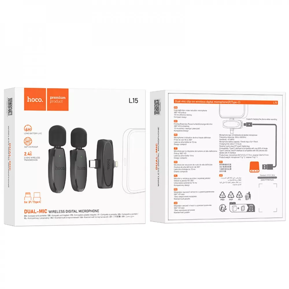 Wireless Digital Microphone — Hoco L15 Dual-mic (iP/Type-C) - фото 3