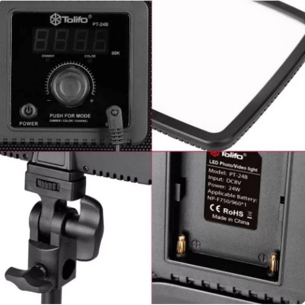 Лампа видеосвет LED PT-24B 24W color 3200-5600K /2400LM/Battery F-750  4400Mah+Charger (240*184*14) - фото 6