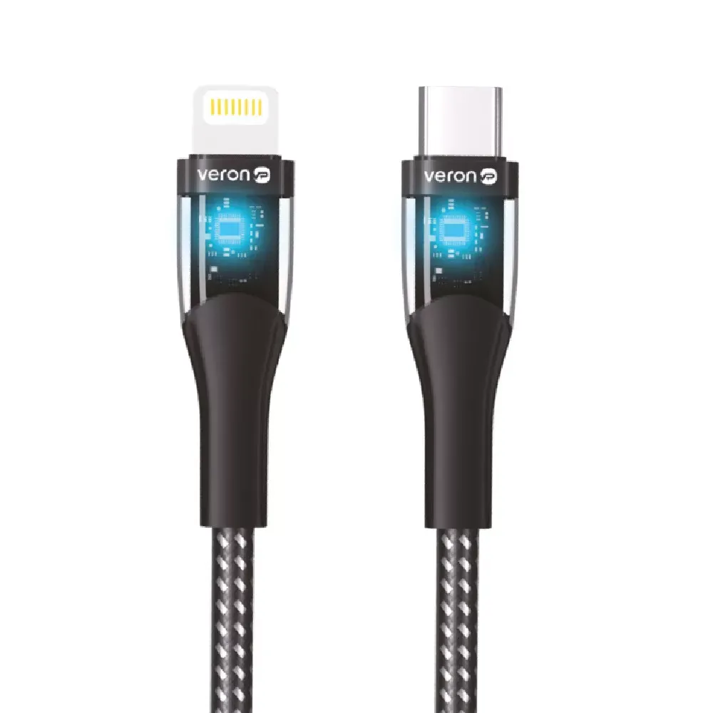 Nylon Cable USB C to Lightning 27W PD (1.2m) — Veron CL05 LED — Black