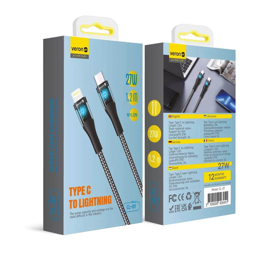 Nylon Cable USB C to Lightning 27W PD (1.2m) — Veron CL05 LED — Blue - фото 3