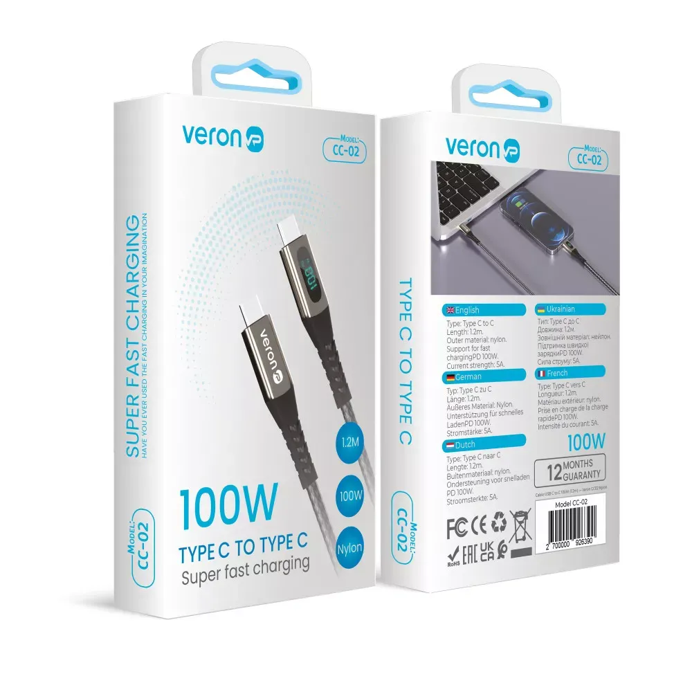Кабель USB C to C 100W PD Veron CC02 Nylon LCD — Black — фото 3