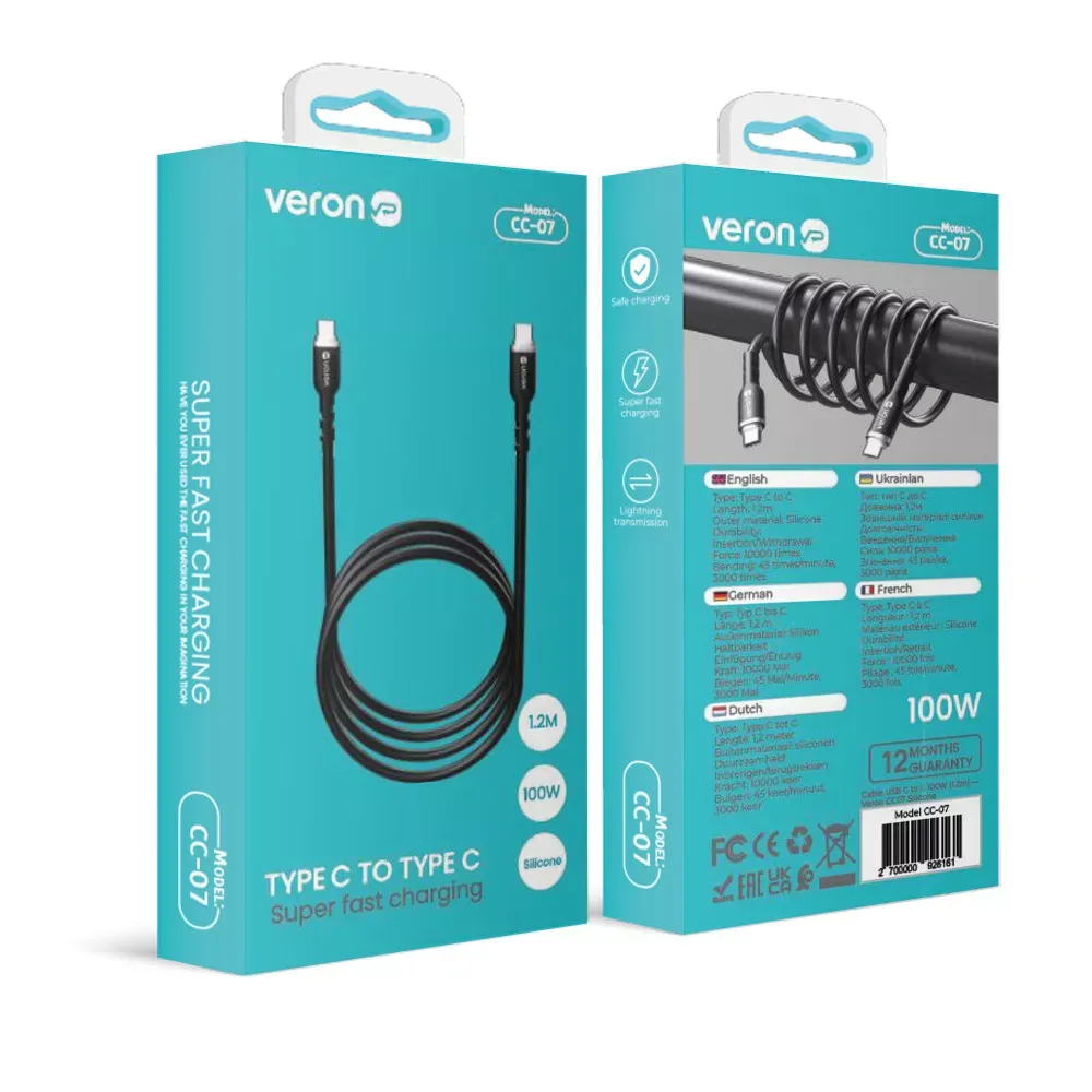 Кабель USB C to C 100W PD Veron CC07 Silicon — фото 3