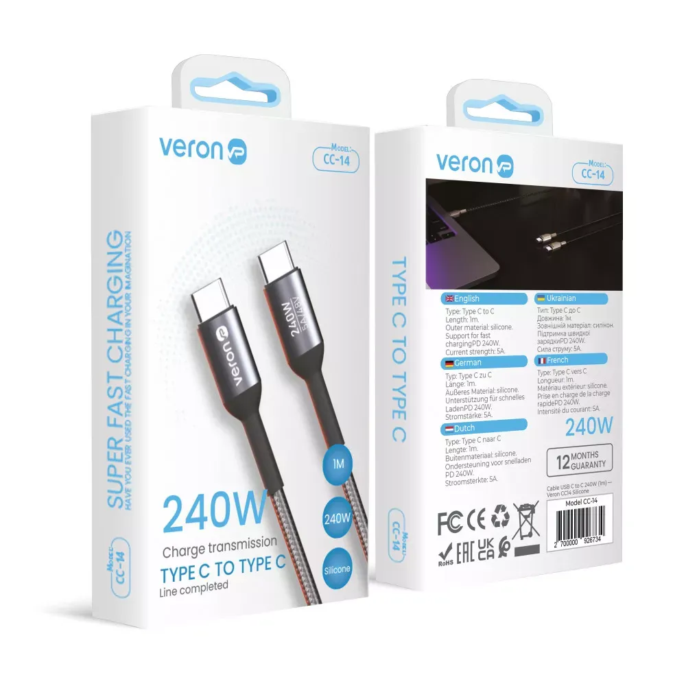 Кабель USB C to C 240W PD Veron CC14 Nylon Cable — Black — фото 3