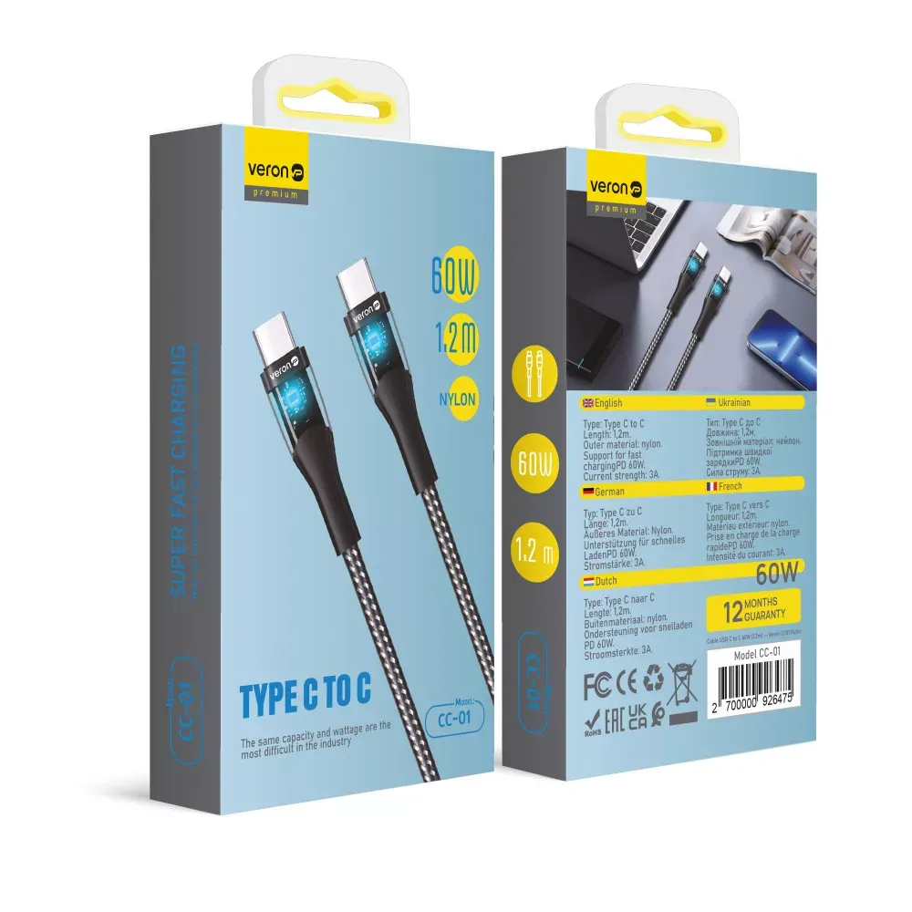 Кабель USB C to C 60W PD Veron CC01 Nylon LED — Black — фото 3