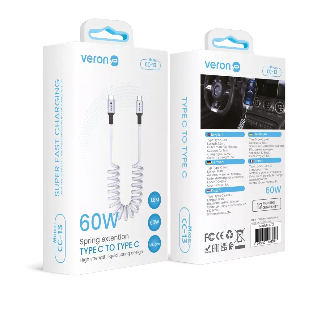 Кабель USB C to C 60W PD (1.8m) Veron CC13 Silicon — Black - фото 3