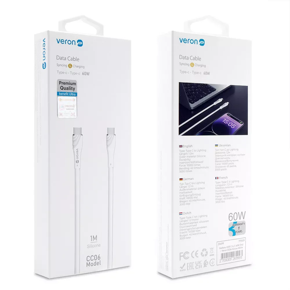 Кабель USB C to C 60W PD Veron CC06 Silicon — White — фото 3
