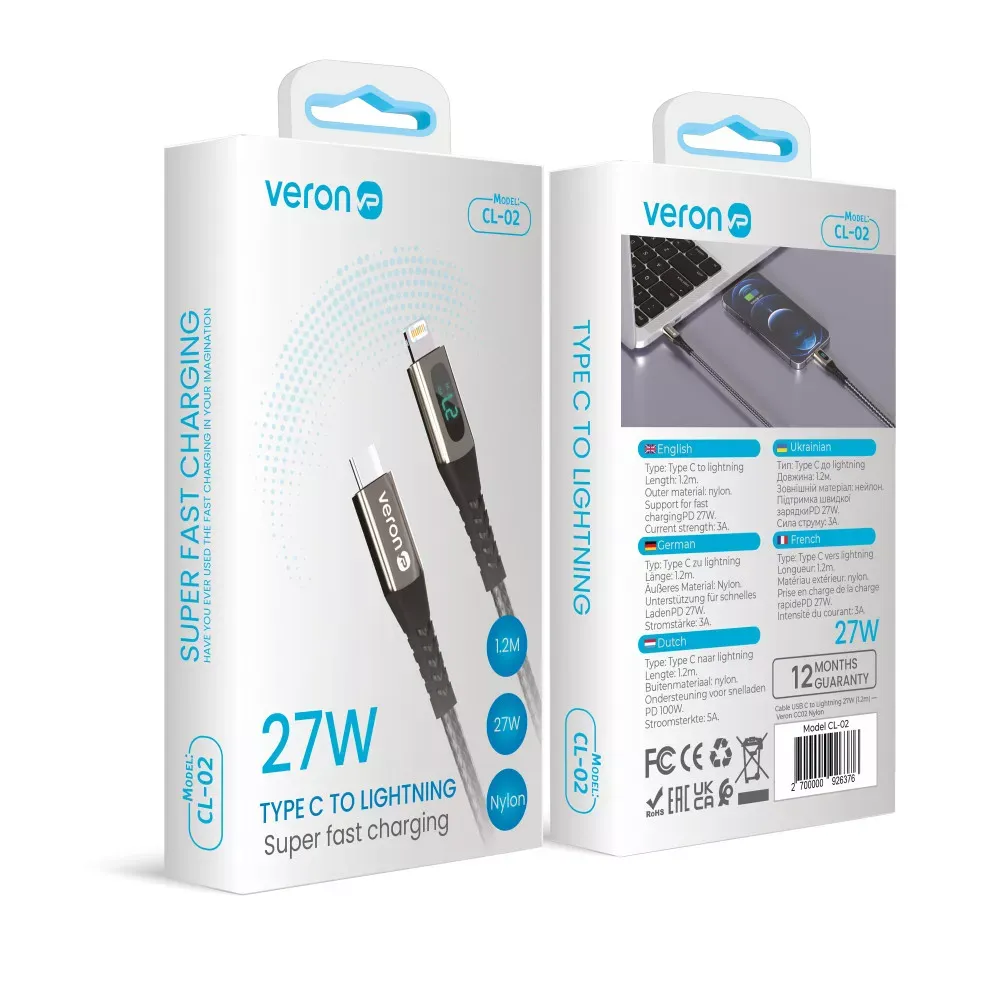 Кабель USB C to Lightning 27W PD Veron CL02 Nylon LCD — Black — фото 3