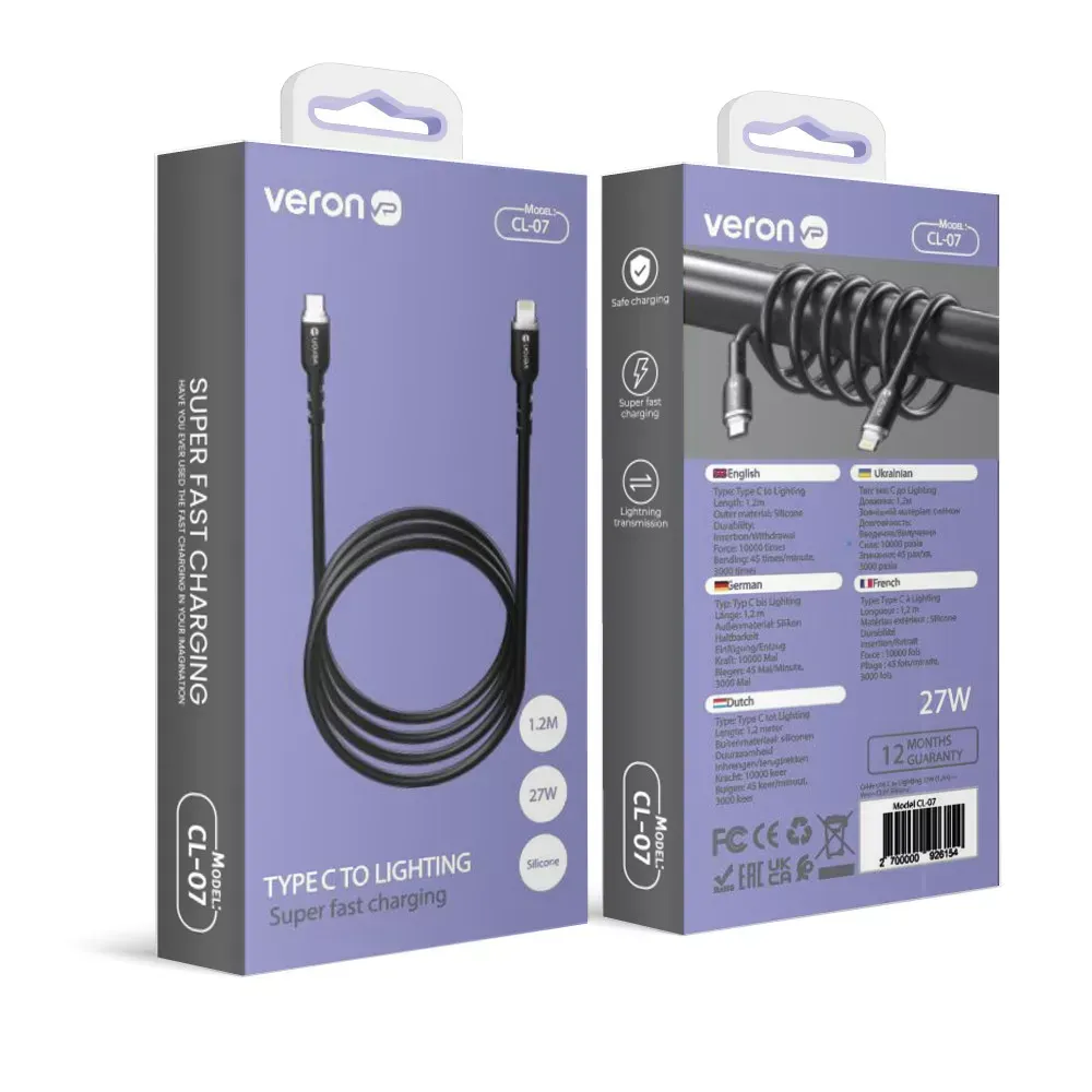 Кабель USB C to Lightning 27W PD (1.2m) Veron CL07 Silicon - фото 3