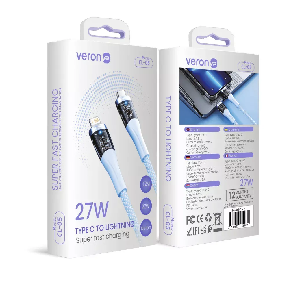 Кабель USB C to Lightning 27W PD — Veron CL05 Nylon Blue — Silver — фото 3