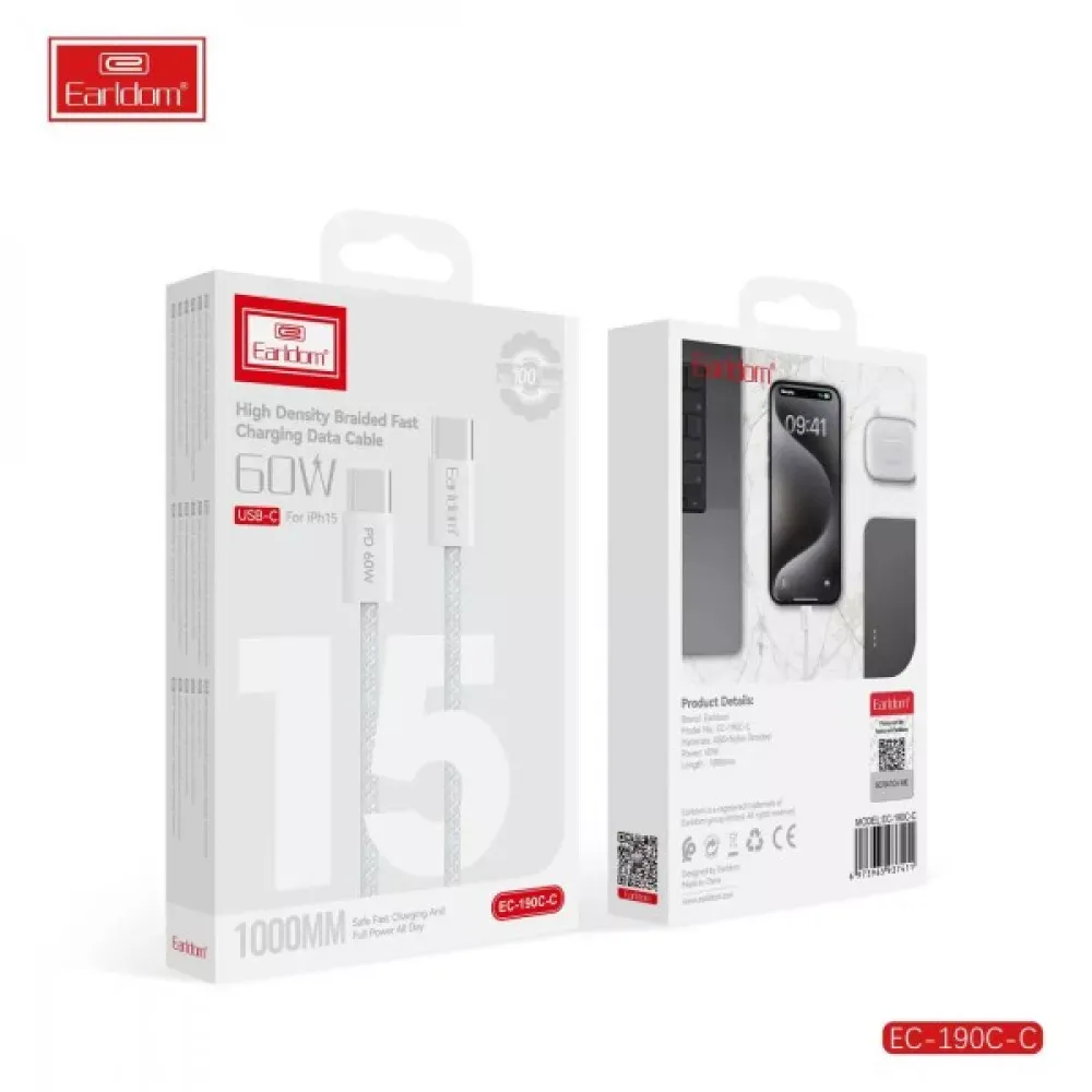 Cable USB C to C 60W (2m) Earldom EC-190C-C White - фото 3